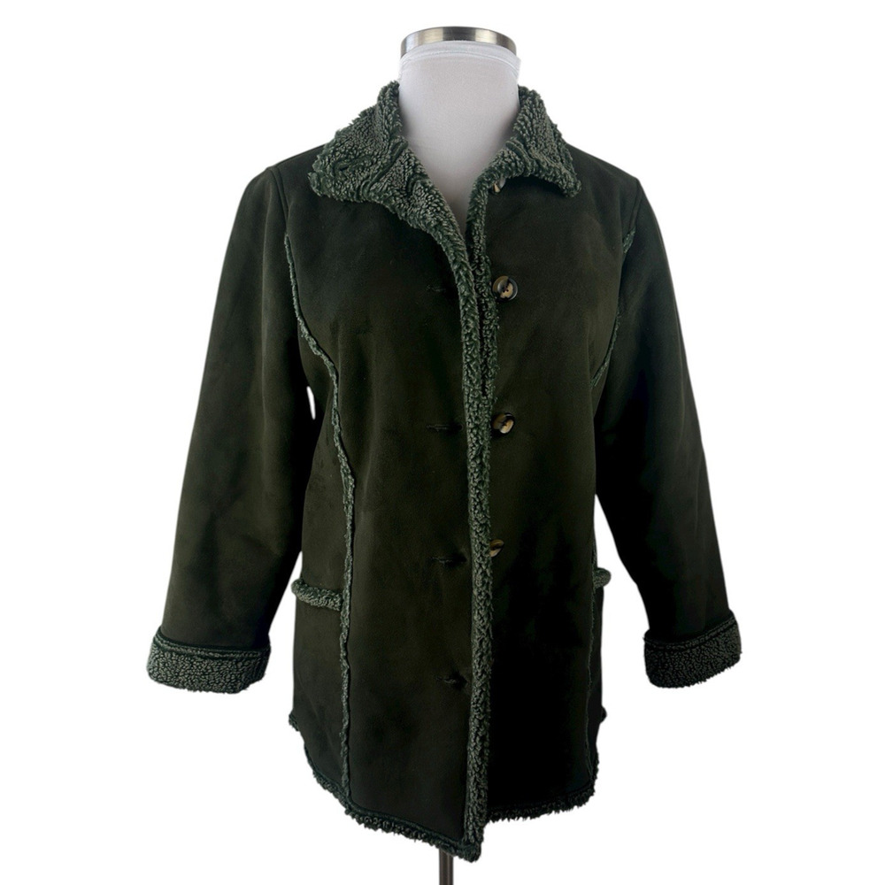 L.L. Bean Womens Medium Sherpa Fleece Lined Green Coat Jacket Button Front - Picture 13 of 14